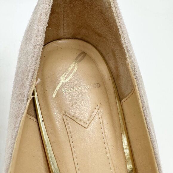 Brian Atwood‎ Karina Taupe Suede Block Heel Pumps With Gold Grid Heel Design 10 - Picture 12 of 16